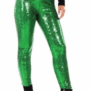SMALL Tipsy Elves Shimmering bright Green Sequin Leggings EUC high waisted lined